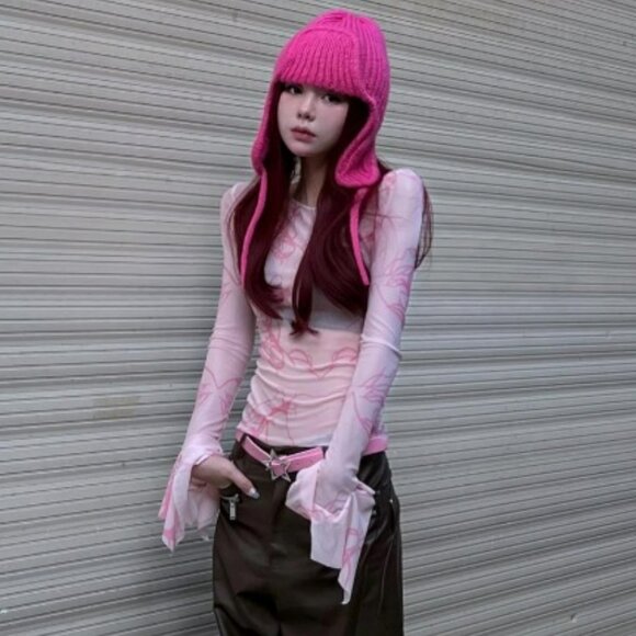 NWT Y2K Dazy Sheer Long Sleeve Top with Ruffle Wrist M Pink - Picture 14 of 15